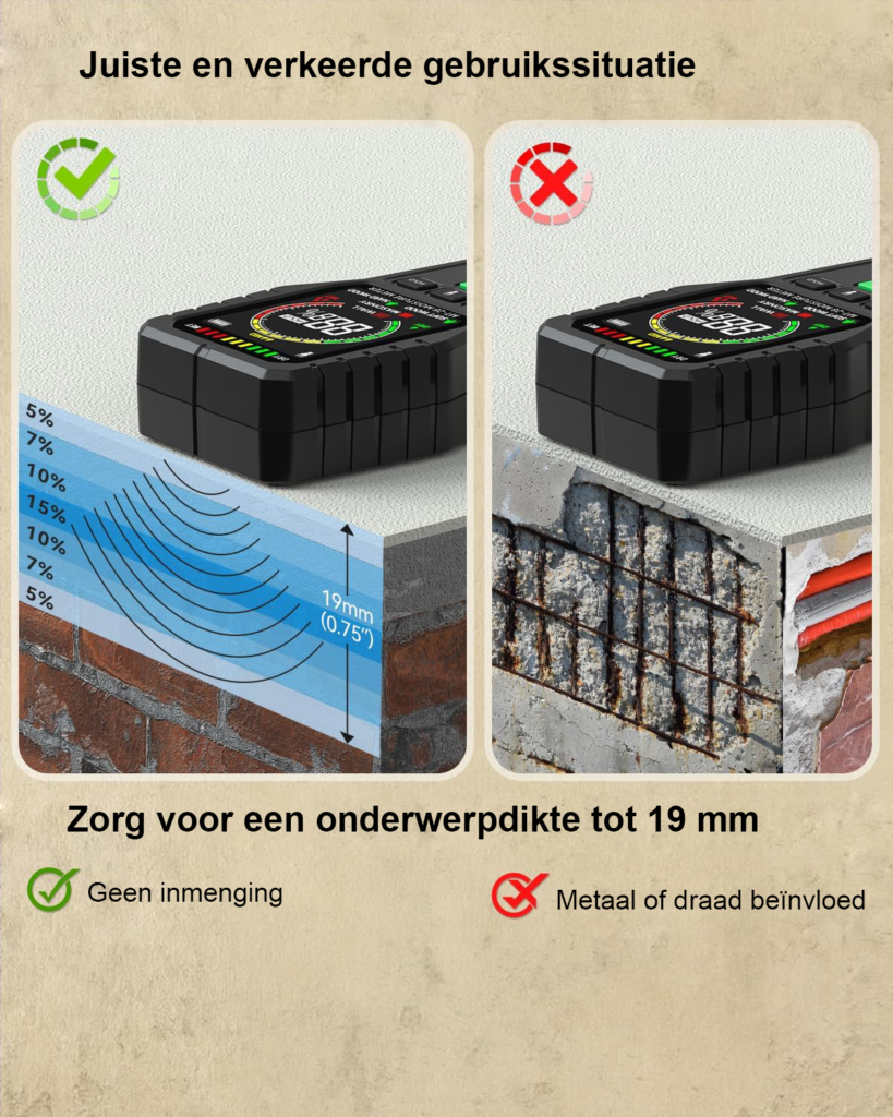 Vochtmeter zonder pin voor hout, muren, beton en metselwerk – niet-invasieve vochtmeter voor haardhout en nauwkeurige metingen