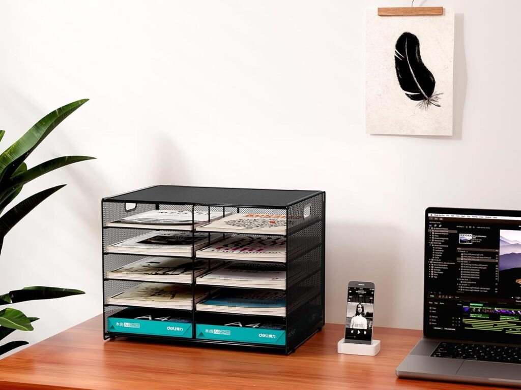 Metalen bureau organizer 10 vakken zwart - A4 documentenhouder en brievenbakje - opbergsysteem voor dossiers mappen en magazines - kantoor en thuis gebruik