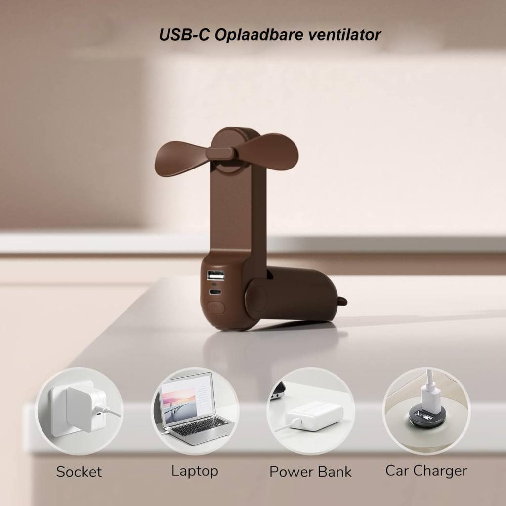 Draagbare mini ventilator 3-in-1 handventilator oplaadbare zakventilator met powerbank en zaklamp functie bruin 14-21 uur werktijd