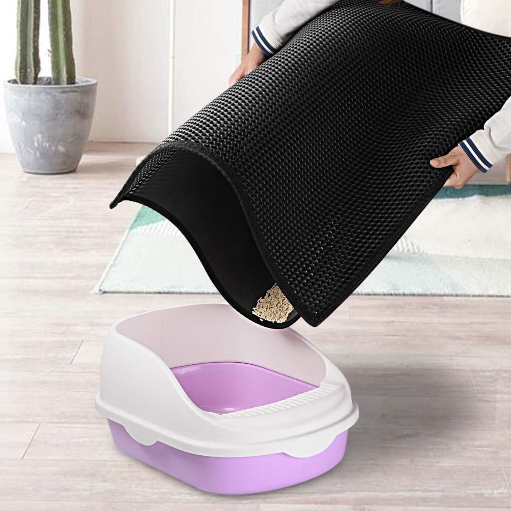 Kattenbakmat EVA dubbellaags zwart 76x61 cm hygiënische kattenbak vanger mat voor kattenbakvulling opvang en schoonloop oppervlak