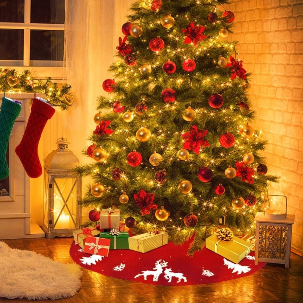 Grote rode gebreide kerstboomrok met 3D elanden en sneeuwvlokken Ø48 inch kerstboomkleed basisbedekking kerstdecoratie