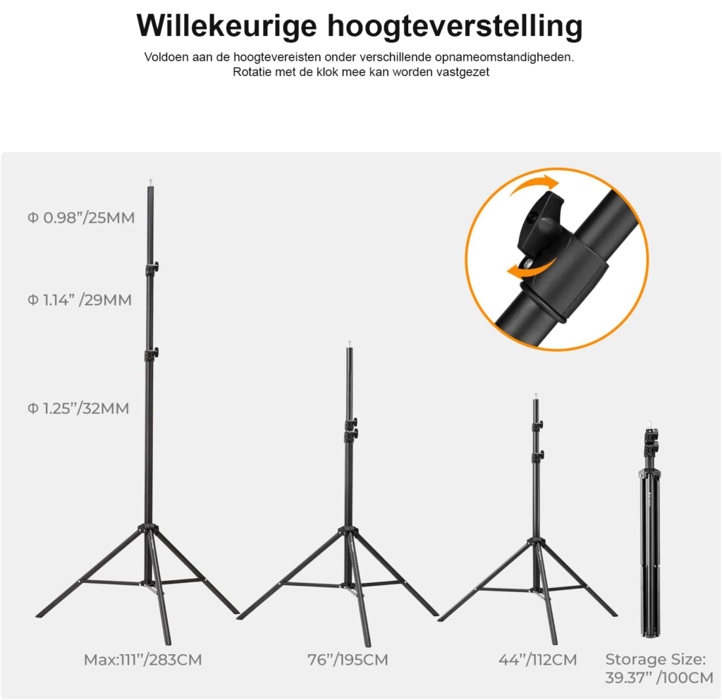 280 cm metalen lichtstatief voor fotografie en video met 1/4 inch aansluiting, geschikt voor studioflitser en reflector inclusief statieftas en wielen