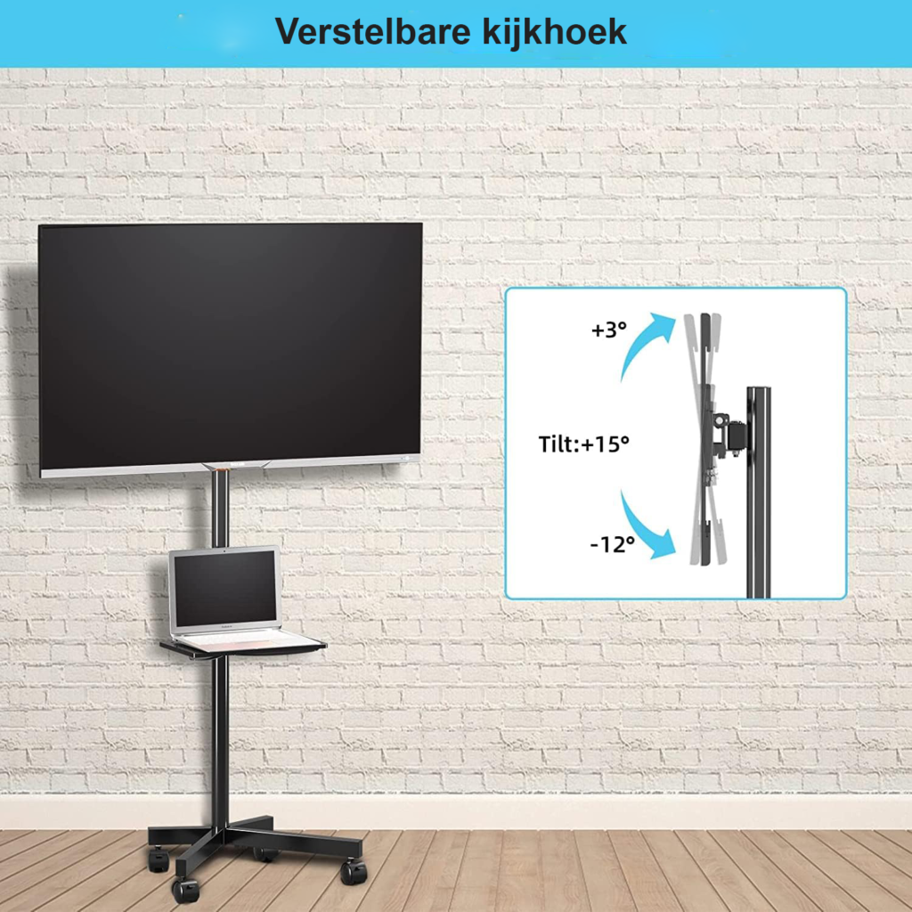 Mobiele TV standaard met wielen en plank voor 21-60 inch flatscreen en gebogen tv, verrijdbare tv trolley met verstelbare hoogte en VESA 400x400 ondersteuning
