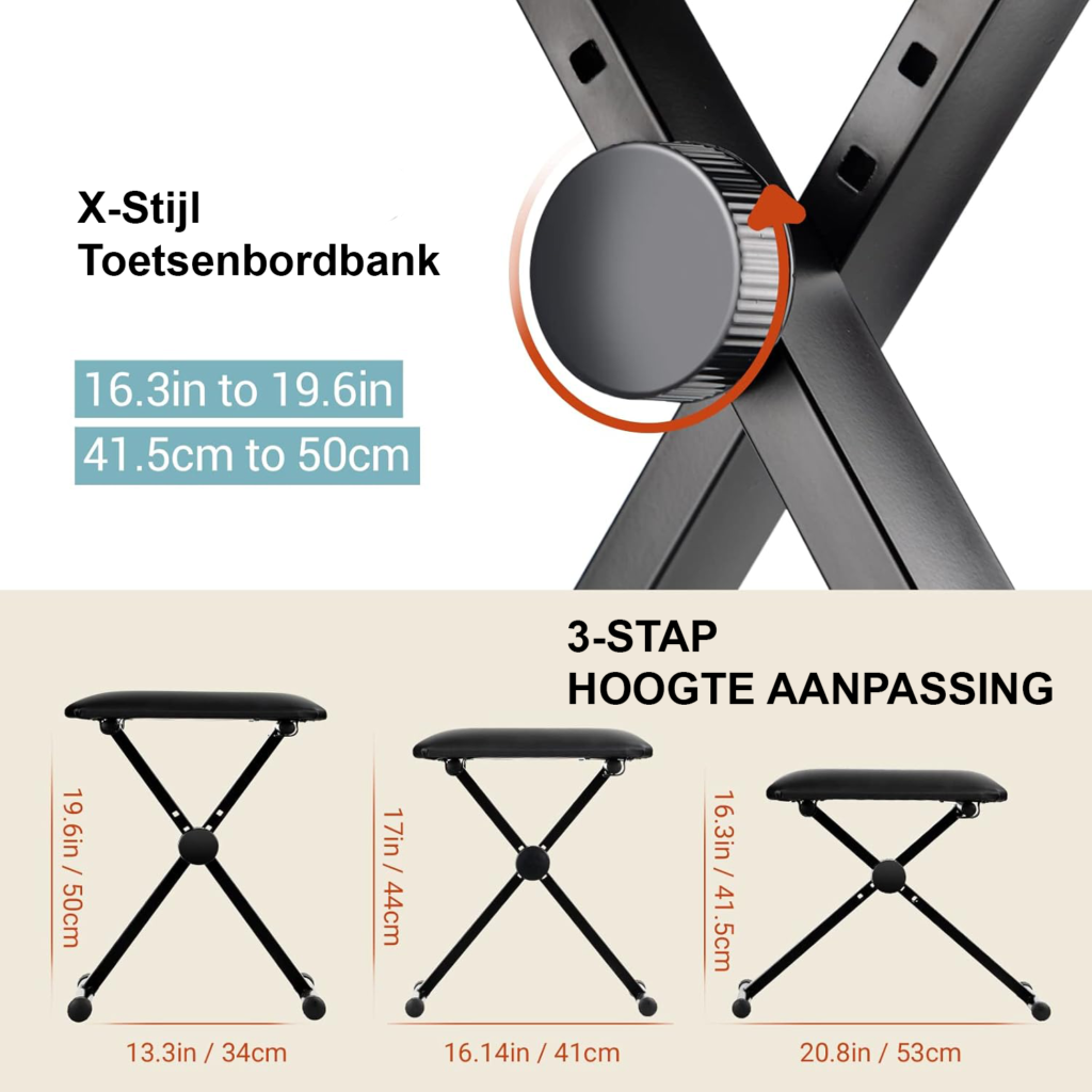 Keyboardbank met 3-weg hoogteverstelling, opvouwbare pianokruk met gevoerde zitting en stabiel X-vormig onderstel voor piano en keyboardgebruikers.