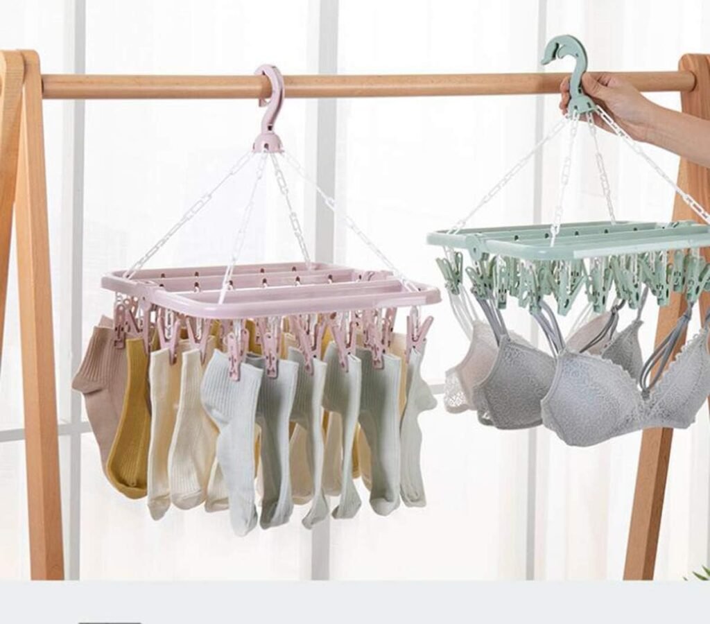 Sokken droogrek 2-pack met clips vouwbaar kunststof droogrek voor sokken ondergoed babykleding handschoenen en schoeninlegzolen windbestendig roze en groen compact kledinghanger systeem