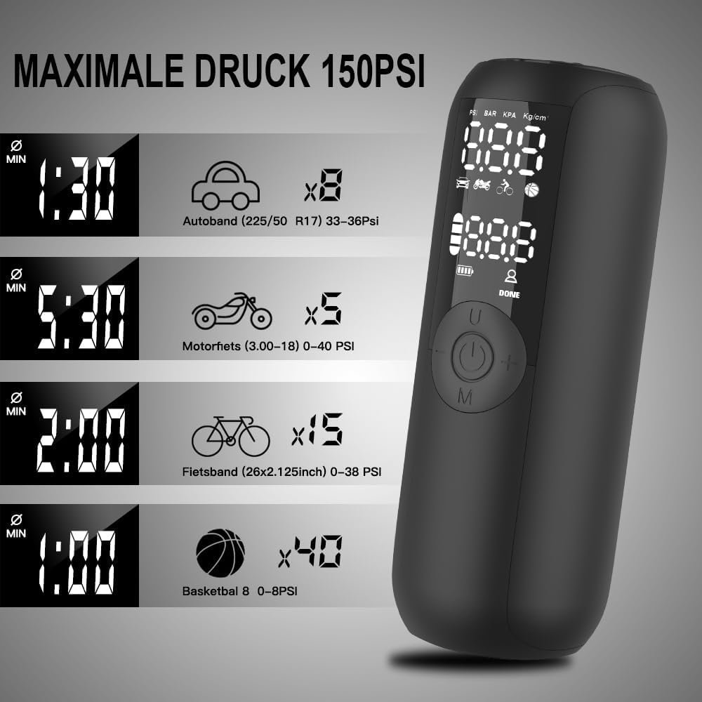 Elektrische draadloze bandenpomp 150 PSI compressor voor auto fiets en motor met automatische stop en meerdere ventielen