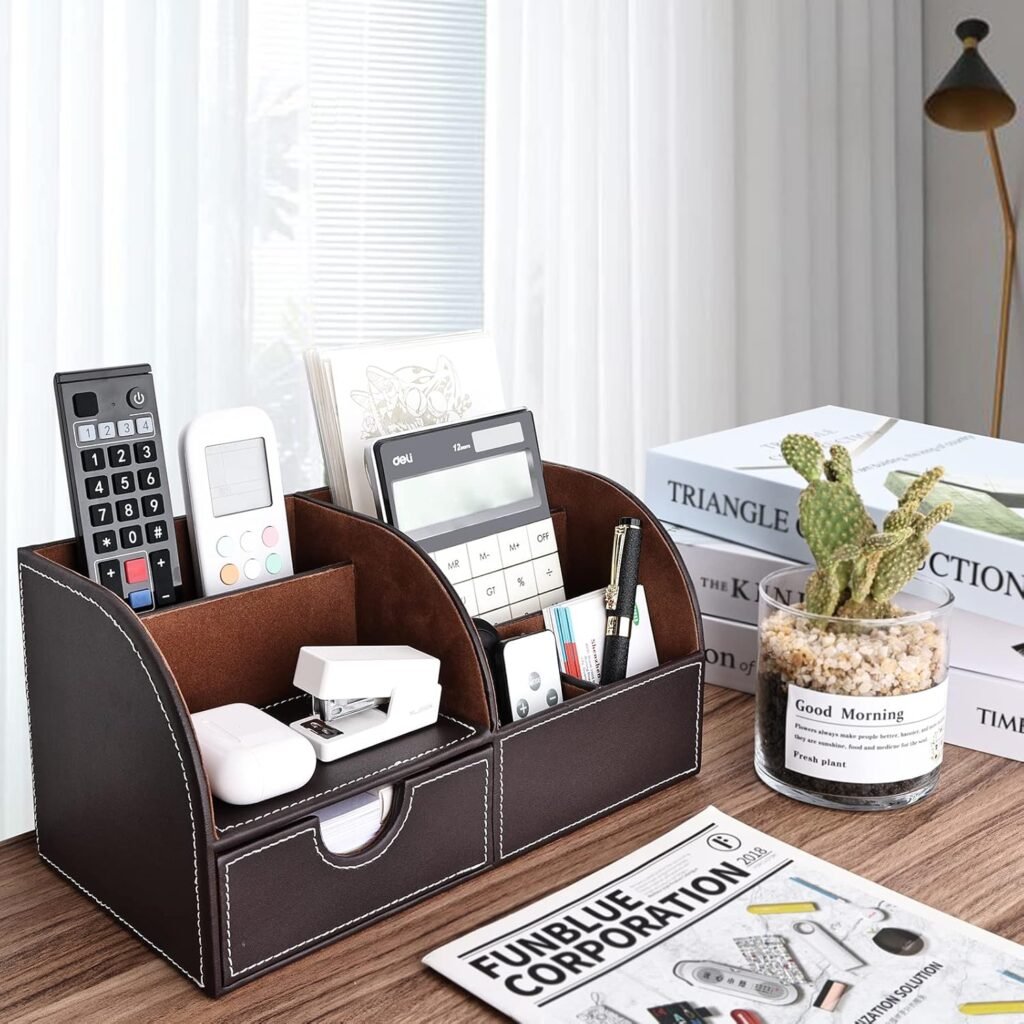 PU lederen bureau-organizer set lichtbruin met pennenhouders en bureau opbergsysteem voor kantoor en bureau opslag van pennen en accessoires