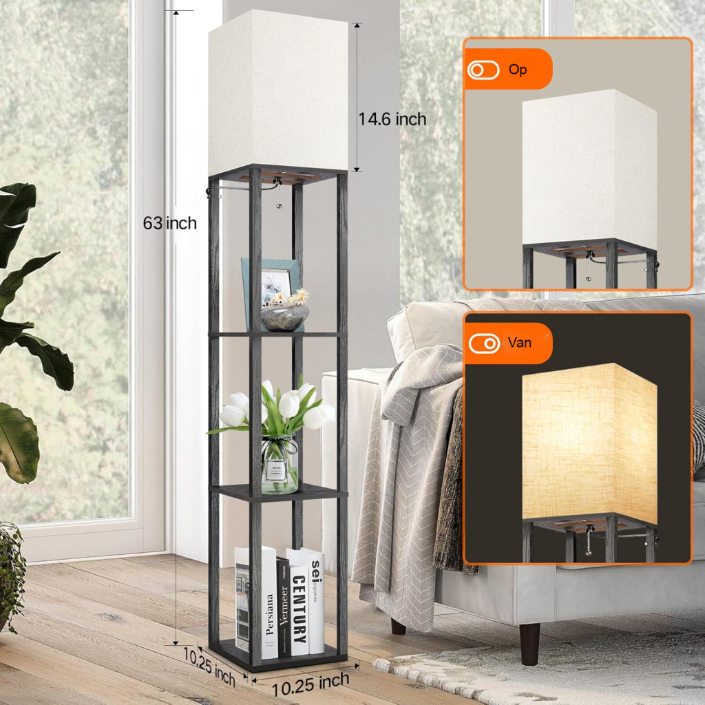 Dimbare staande LED vloerlamp met plank en lampenkap, afstandsbediening, 4 lichtkleuren en timerfunctie voor woonkamer slaapkamer en kantoor in mat zwart