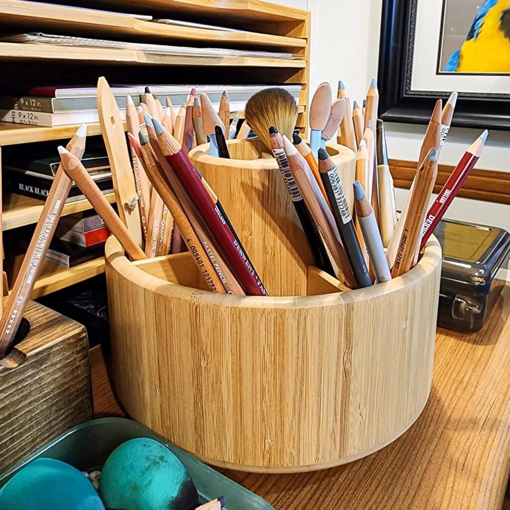 Bamboe pennenhouder organizer draaibaar - bureau opberg voor 420 potloden, markers, kleurpotloden en verfkwasten - kunstbenodigdheden organizer