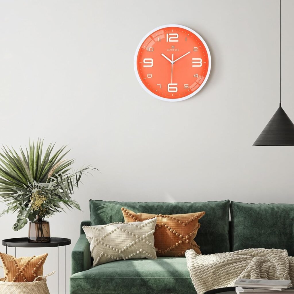 Oranje wandklok 30cm analoog met 3D cijfers en stille quartz beweging voor keuken en woonkamer