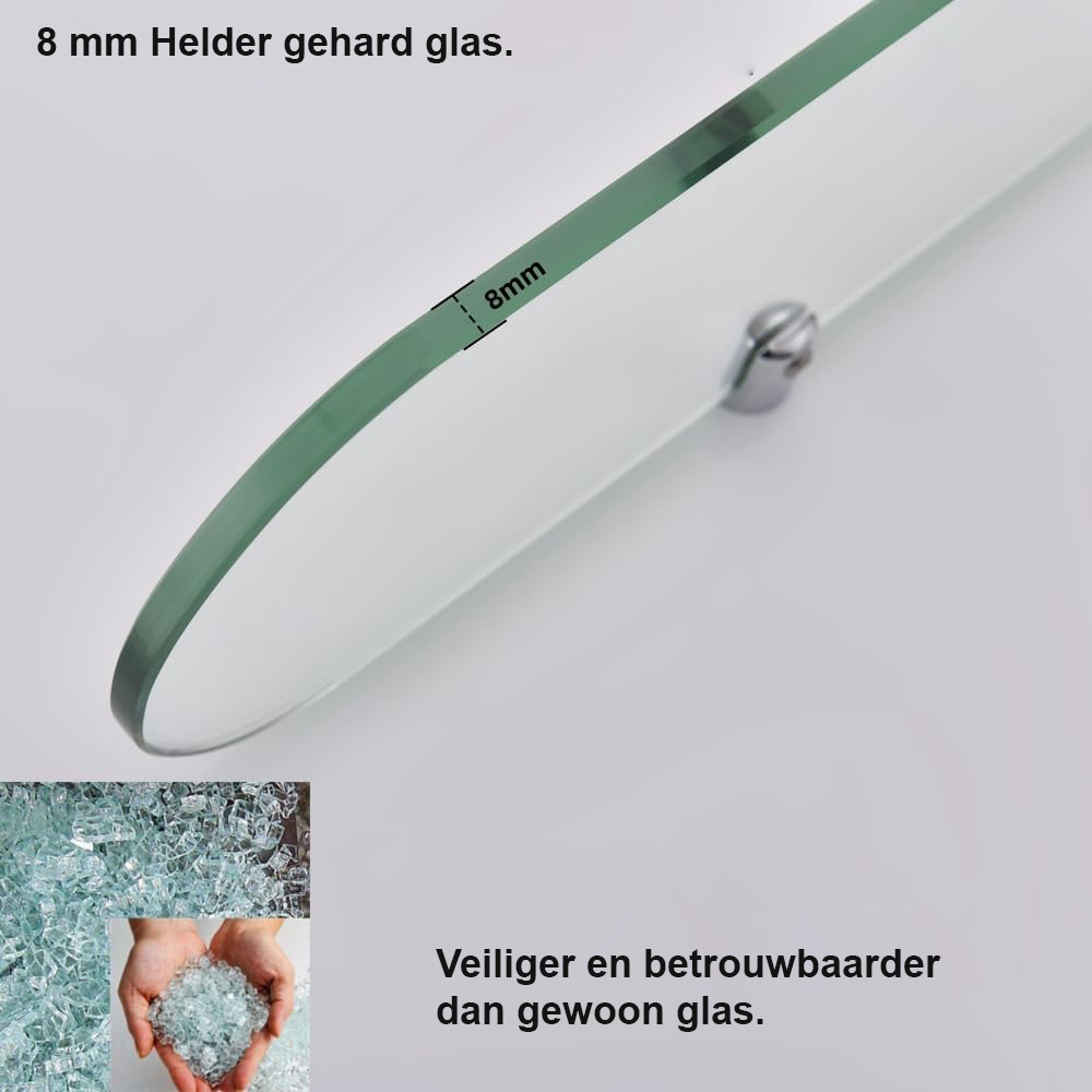 Glazen wandplank 50x12 cm van 8 mm gehard glas met chroom glashouder voor badkamer