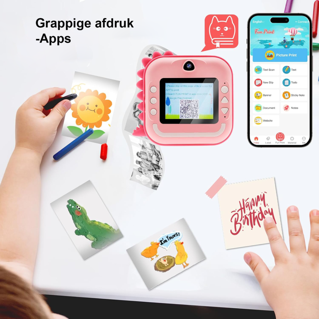 Kindercamera met instant printfunctie voor kinderen, 12MP HD foto's, 1080P video, inclusief 32GB SD-kaart en fotopapierrollen