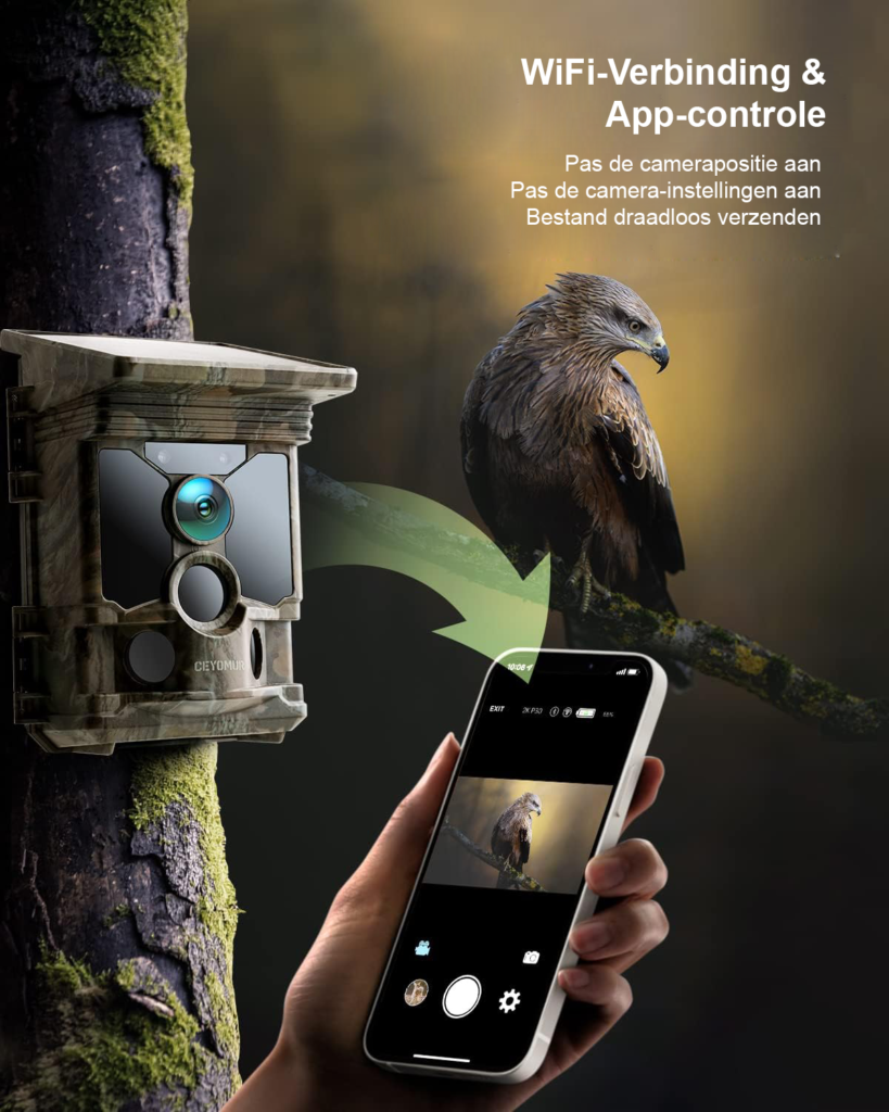 Zonne-energie wildlife camera 4K 40MP met bewegingsdetectie nachtzicht WiFi Bluetooth IP66 waterdichte wildcamera met 120 graden detectiehoek en 32GB SD kaart