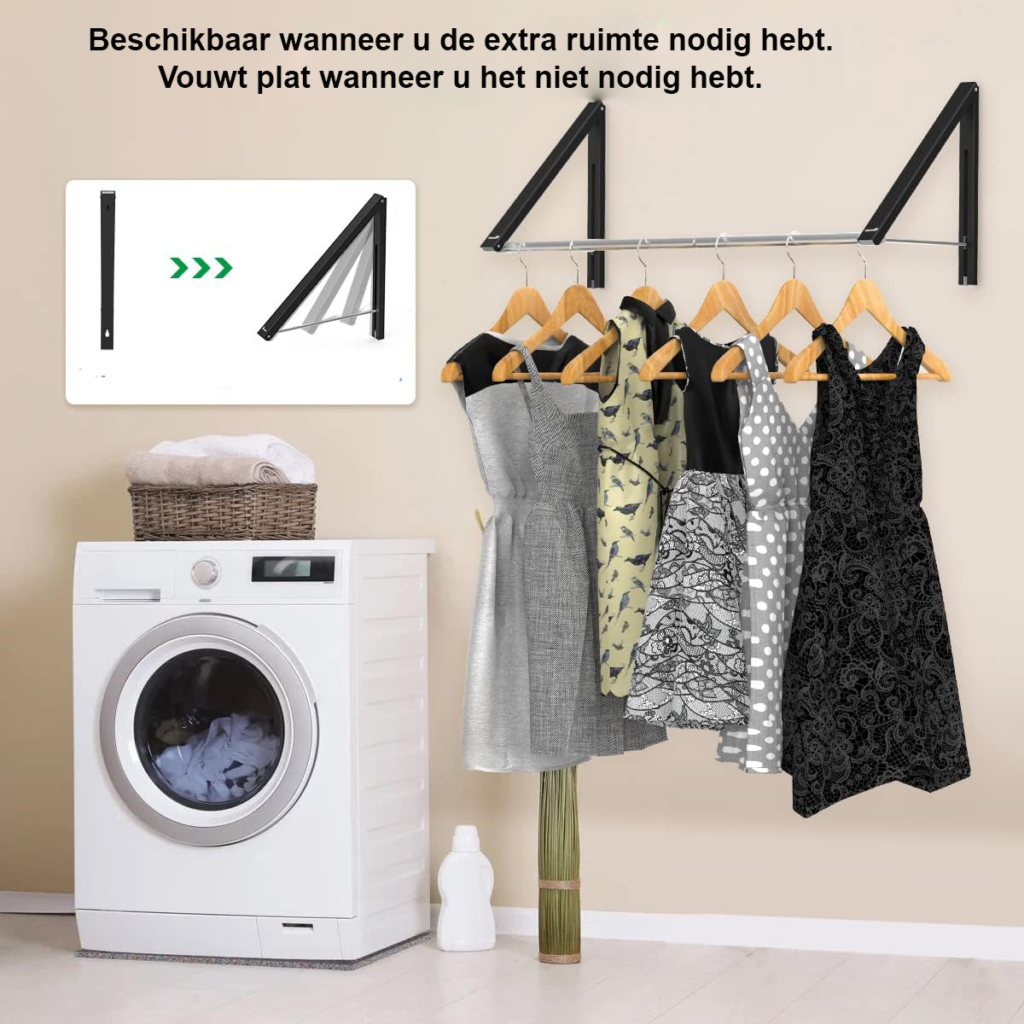 Inklapbaar wandgemonteerd kledingrek zwart aluminium met 2 mandjes voor opberging en ruimtebesparing