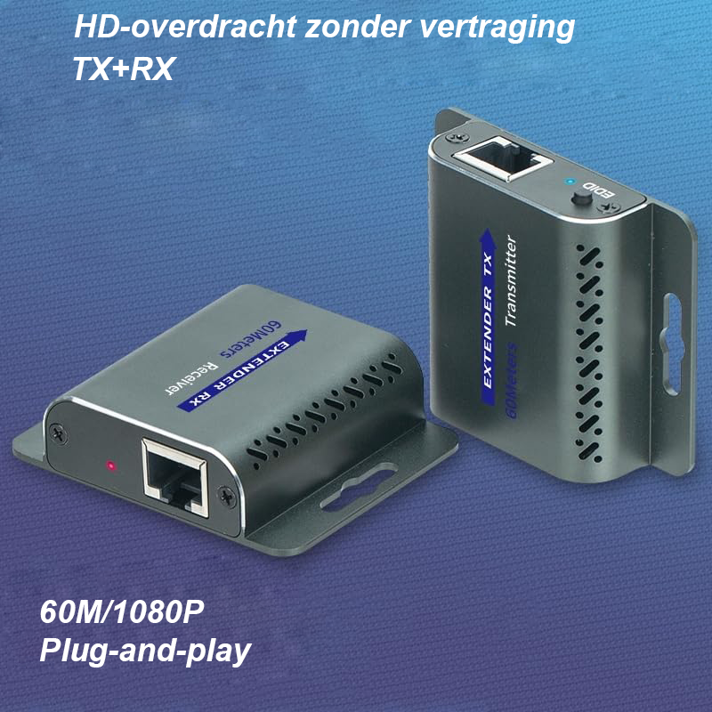 HDMI extender 60m 1080p 60Hz HDMI RJ45 converter via UTP Cat5e/6/7/8 verlenger met 5V adapter en PoC ondersteuning