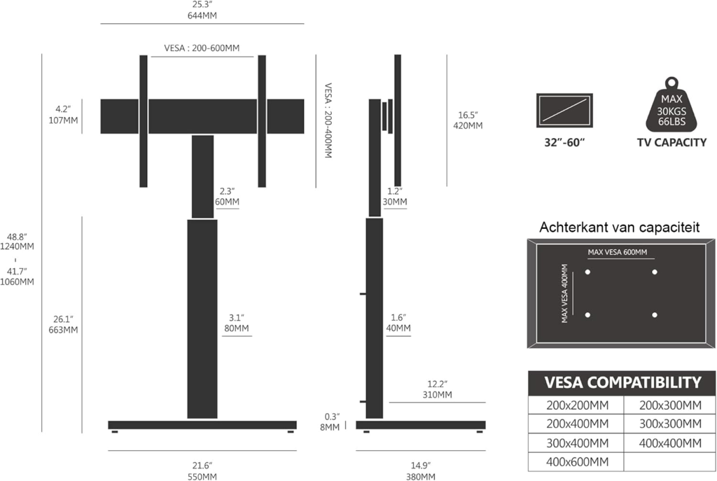 TV standaard vloer 32-60 inch draaibaar en hoogte verstelbaar, universele tv beugel voor LCD LED OLED tv’s met VESA 600x400 mm compatibiliteit