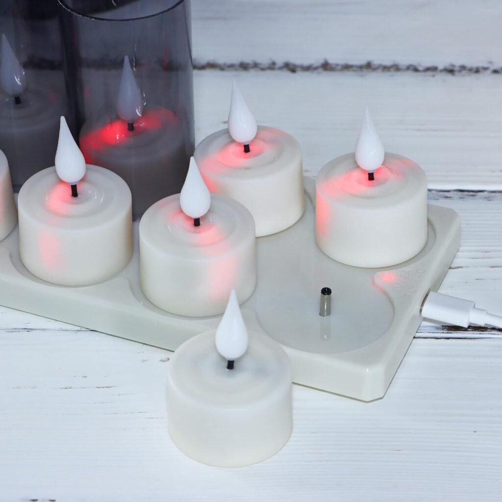Oplaadbare LED theelichtjes set van 12 met oplaadstation, afstandsbediening, timer, warm wit flicker effect en USB oplaadbare elektrische kaarsen 4x5,5 cm