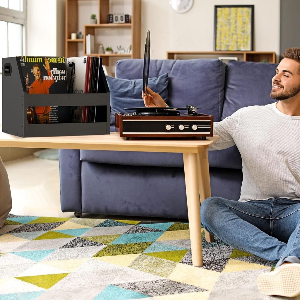 Houten vinyl platen opbergbox met handvat – LP organizer voor albums, boeken en foto’s – trapezium design zwart 38 x 29 x 29 cm