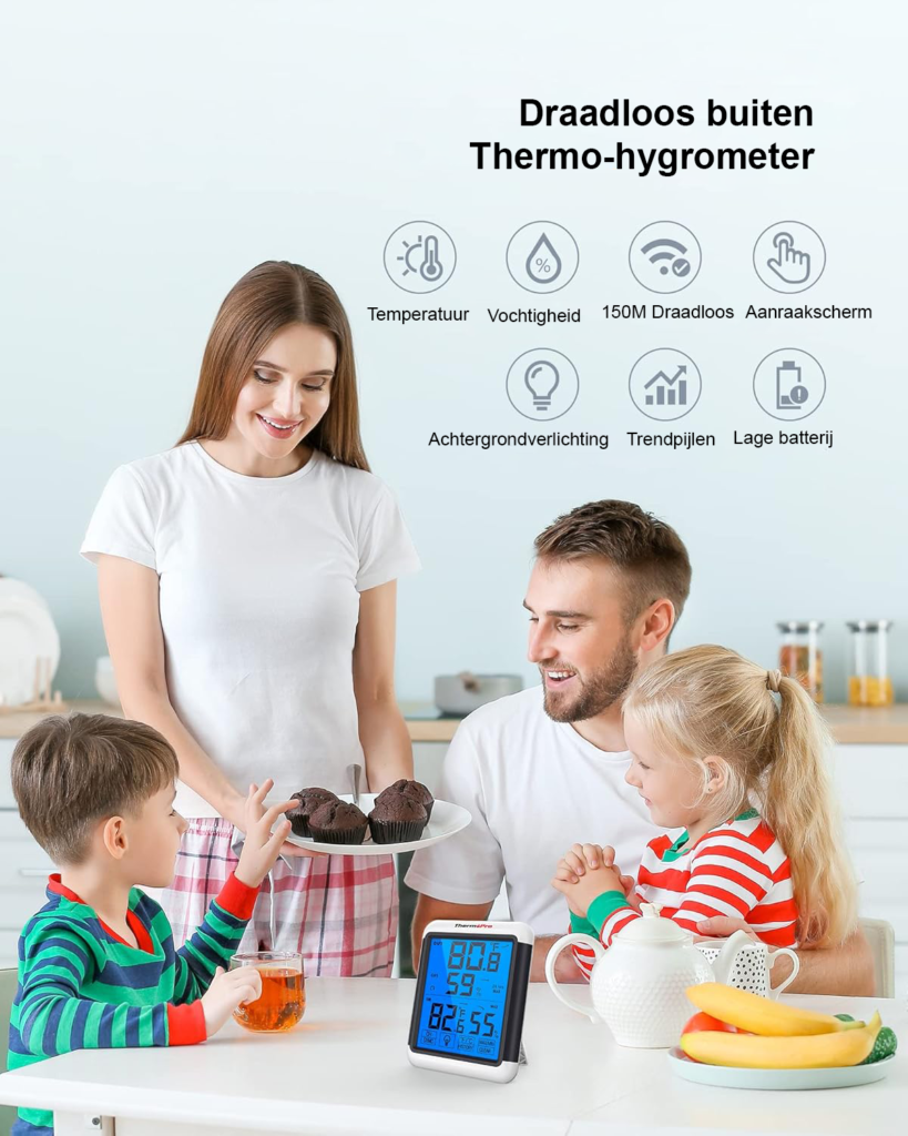 Digitale draadloze hygrometer en thermometer met touchscreen, temperatuur- en luchtvochtigheidsmeter en bereik tot 150 meter voor binnengebruik.