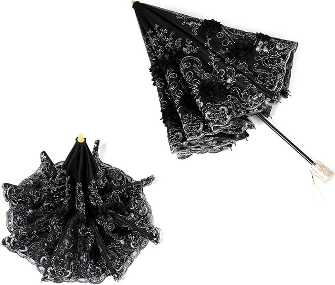 Dames parasol met kant en borduursel, UPF50 anti-UV, opvouwbaar 85 cm, stalen frame, windbestendig