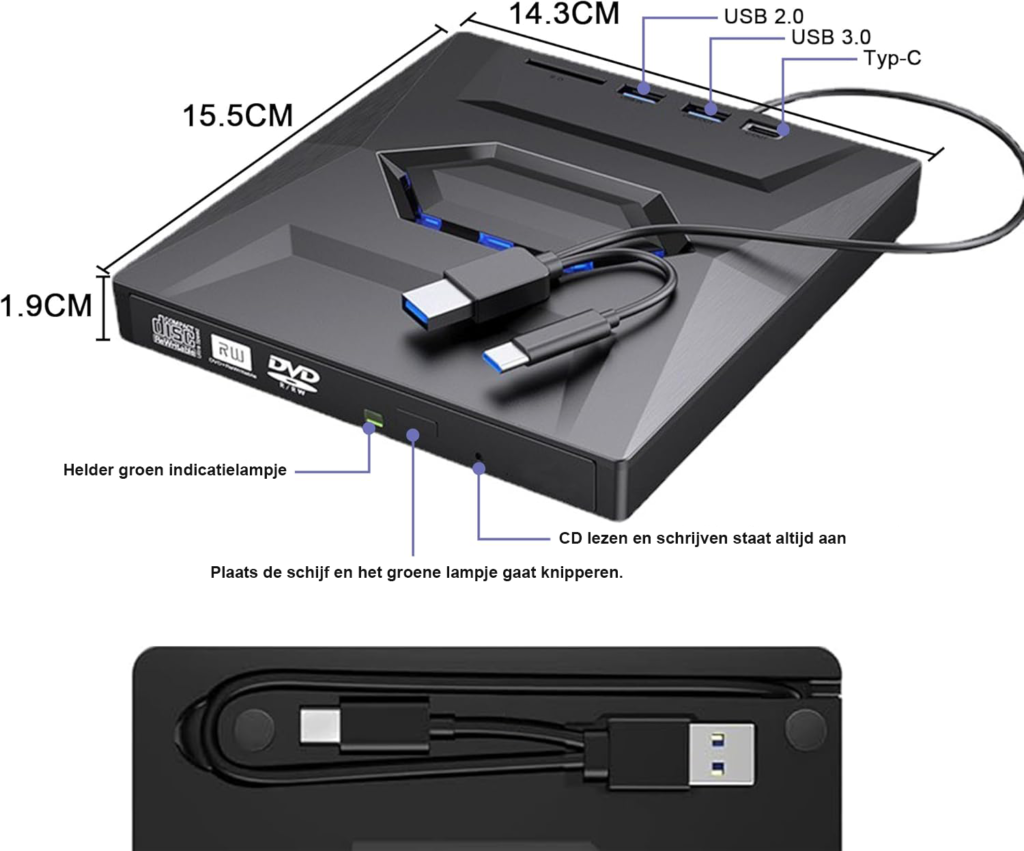 Externe CD DVD Drive USB 3.0 Type-C met DVD Brander, SD TF Kaartlezer en USB Poorten voor Laptop en Desktop