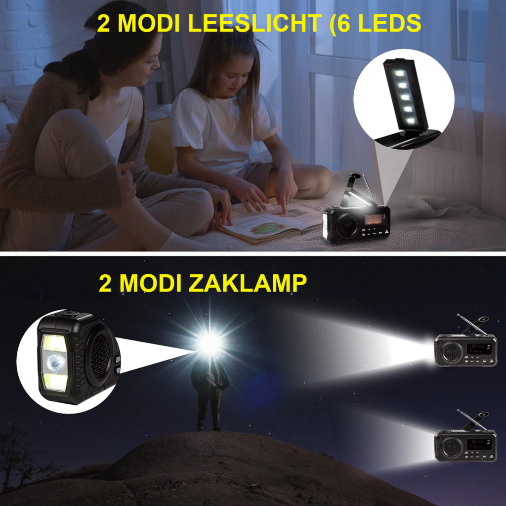 Zonne-energie noodradio DAB+ AM/FM met opwindbare dynamo, zaklamp, SOS alarm en powerbank voor camping en noodsituaties, draagbare oplaadbare weerradio