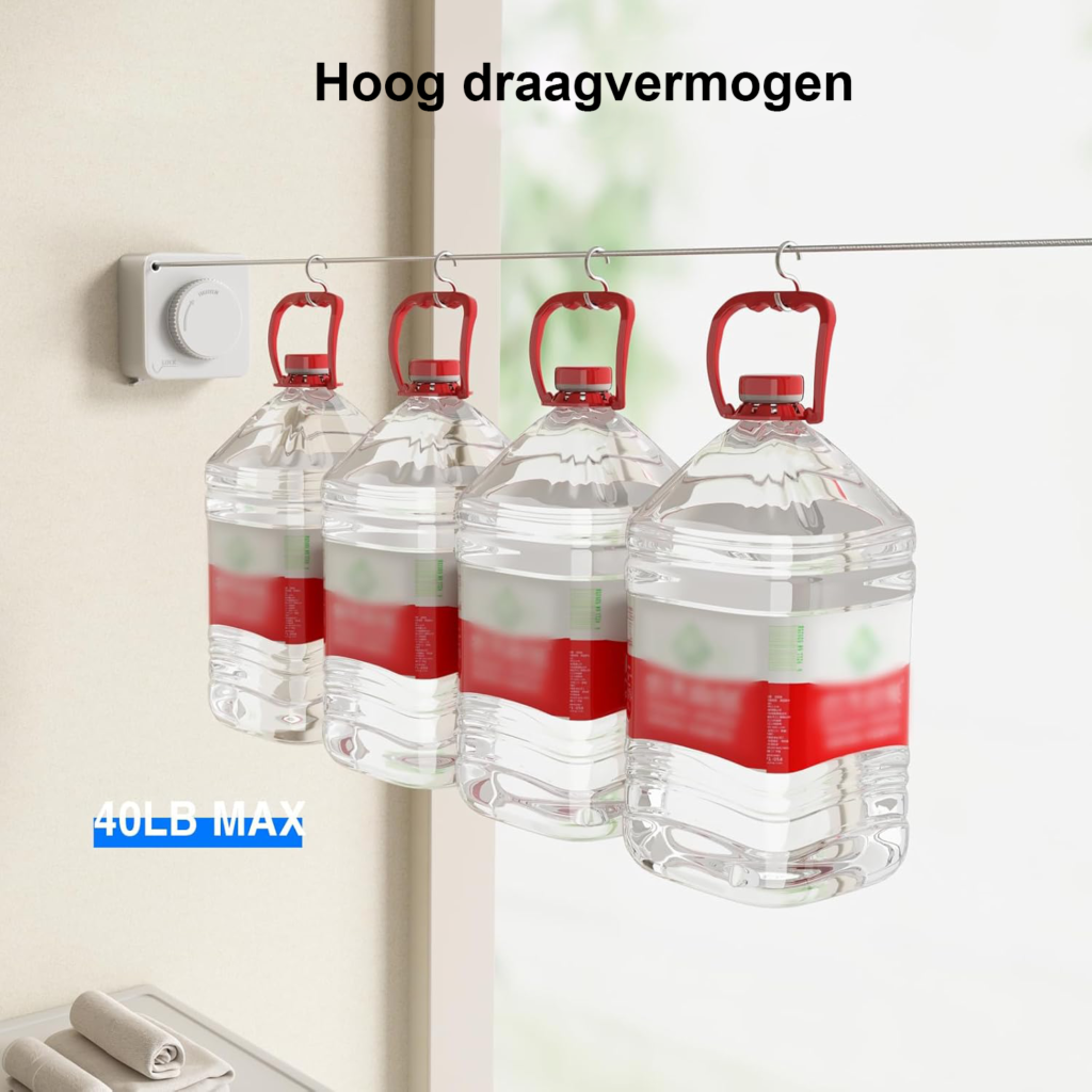Uittrekbare waslijn van 4,6 meter met wandmontage, roestvrijstalen kabel en non-sagging ontwerp voor binnen en buiten.
