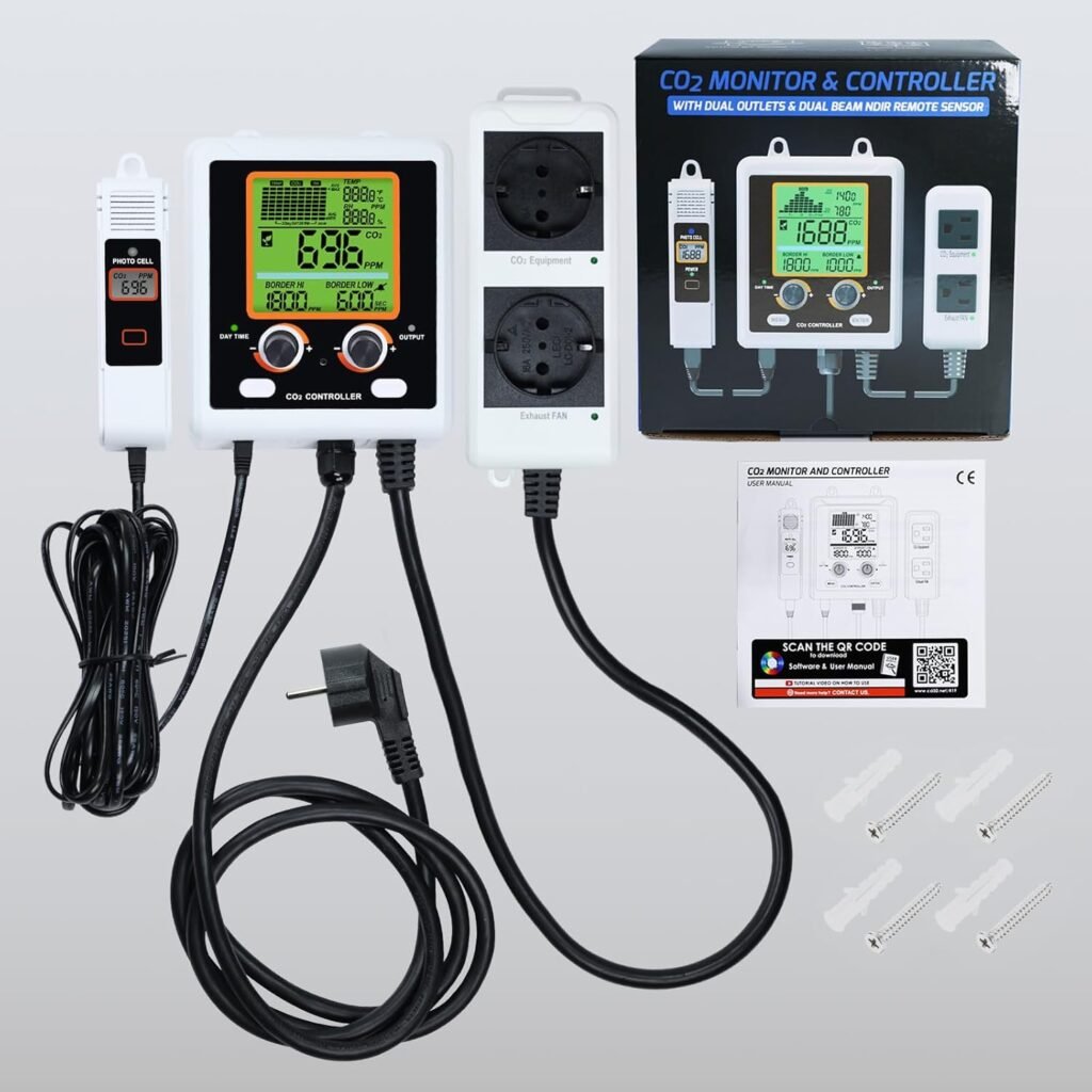 CO2 controller met dubbele uitgangen voor kweekruimte NDIR sensor CO2 monitor en ventilatieregeling met groot display en temperatuurregeling