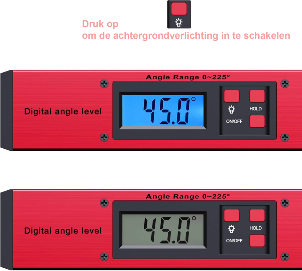 Digitale hoekmeter 0-225 graden met LCD display en waterpas voor nauwkeurig meten van hoeken met opbergtas en verlichting rood