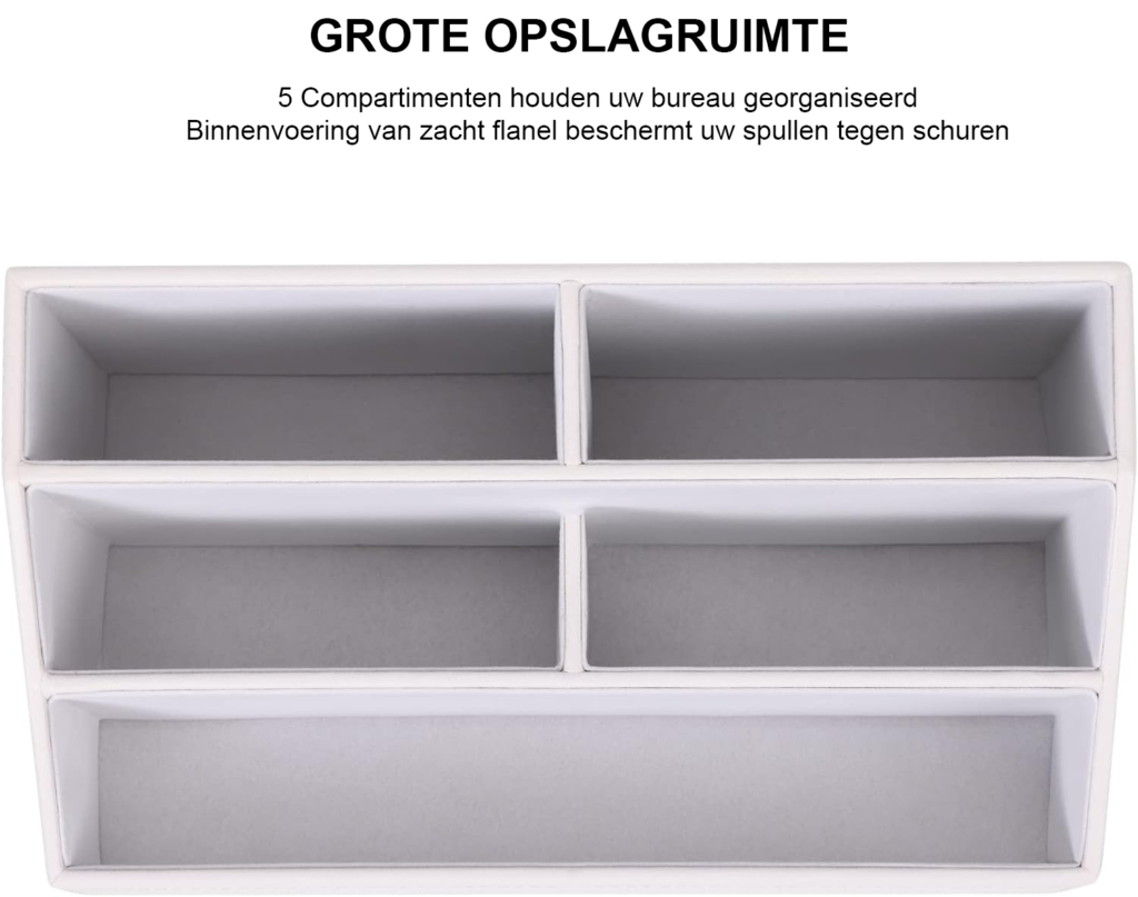 PU leren bureau organizer met pennenhouders en opbergvakken voor een net en georganiseerd bureau in licht wit design