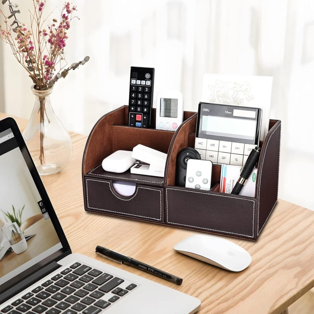 PU lederen bureau-organizer set lichtbruin met pennenhouders en bureau opbergsysteem voor kantoor en bureau opslag van pennen en accessoires