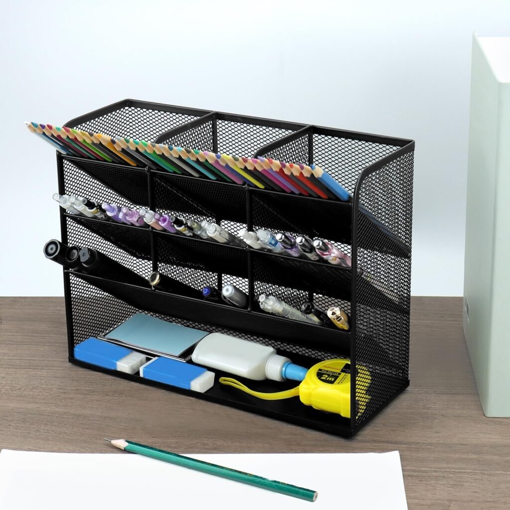 Mesh bureau organizer zwart met 9 compartimenten penhouder voor kantoor en school benodigdheden