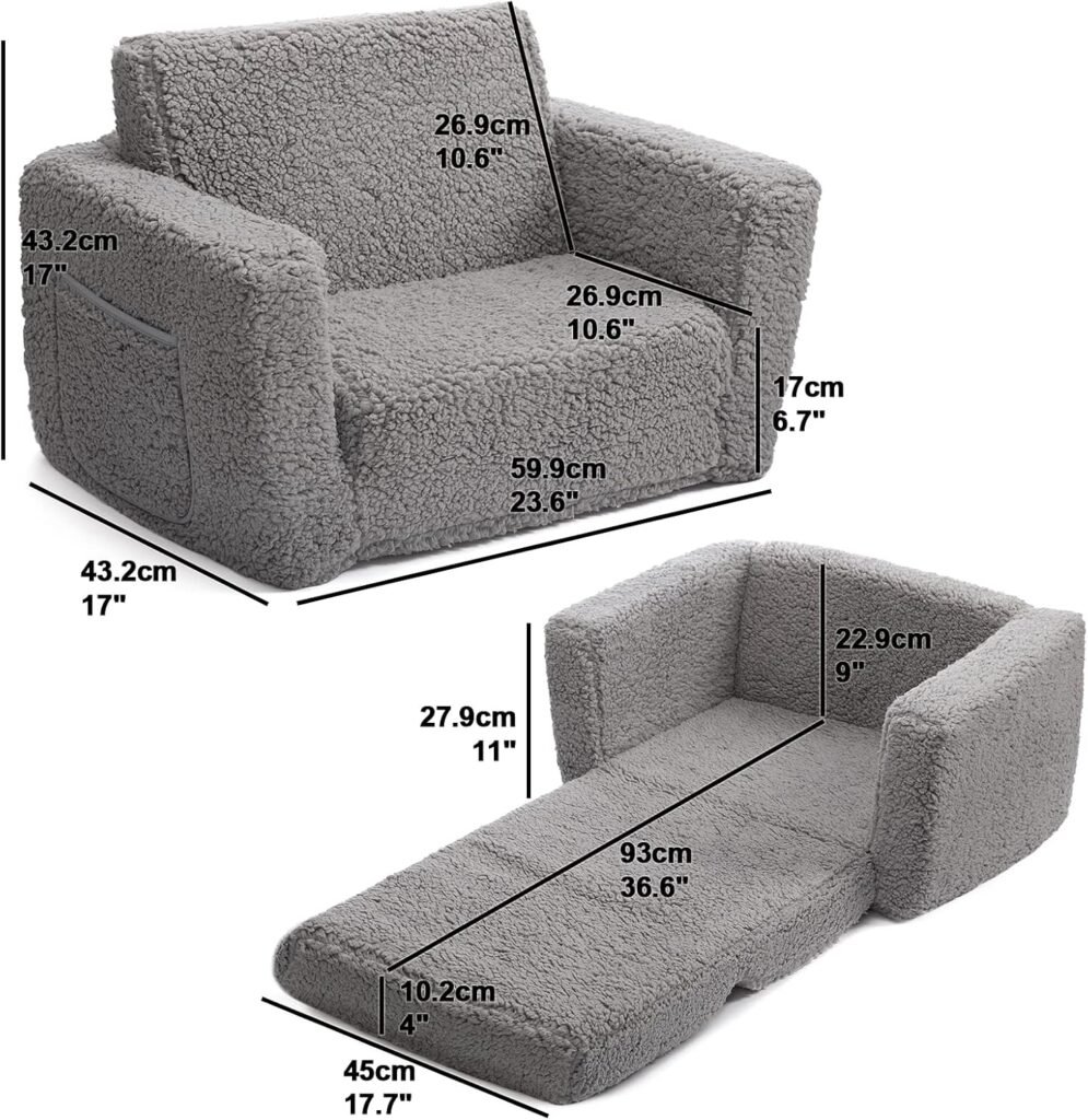 Kindersofa bed 2-in-1 omvormbare peuter sofa naar ligstoel grijs zachte kinderbank sherpa pluche ontspanningsstoel