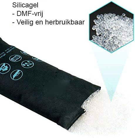 Silica Gel Vochtvreter voor Auto - Herbruikbare Vochtvanger tegen Condens en Schimmel - DMF-Vrij Droogmiddel - 2 x 1 KG Inclusief AntislipmatZeg vaarwel tegen beslagen autoruiten en vochtproblemen met de 2x1KG Silica Gel voor Auto. Deze innovatieve en herbruikbare vochtvanger is de perfecte oplossing voor iedereen die zijn voertuig wil beschermen tegen condensatie, schimmel en vochtbeschadiging. Met een krachtig absorptievermogen van maar liefst 400 ml water per zak van 1 kg, houdt deze de lucht in uw auto droog, zelfs op de koudste ochtenden. Het gebruik van hoogwaardige, DMF-vrije silica gel maakt deze niet alleen veilig voor uw interieur, maar ook milieuvriendelijk. Plaats eenvoudig de op uw dashboard en laat het zijn werk doen. Of u nu onderweg bent of uw auto winterklaar maakt, deze biedt betrouwbare bescherming.  Voordelen  Vermindert beslagen autoruiten. Herbruikbaar en kosteneffectief. Veilig en DMF-vrij. Hoog absorptievermogen van 400 ml per zak. Geen risico op lekkages of schade aan interieur. Ideaal voor winteropslag van voertuigen. Geschikt voor diverse toepassingen buiten voertuigen. Effectieve Vochtabsorptie  De 2x1KG Silica Gel is ontworpen om een uitstekende vochtabsorptie te bieden, wat cruciaal is voor het behoud van een droge en schimmelvrije omgeving in uw voertuig. Met een capaciteit van 400 ml water per 1 kg zak kan deze effectief vocht uit de lucht verwijderen, waardoor de kans op condensatie en schimmelvorming aanzienlijk vermindert. Dit is vooral belangrijk tijdens koude maanden wanneer het verschil tussen de binnen- en buitentemperatuur tot beslaan van de ramen kan leiden. Door gebruik te maken van hoogwaardige silica gel, biedt de een langdurige oplossing voor vochtproblemen. U kunt erop vertrouwen dat uw auto, caravan of andere opslagruimtes beschermd zijn tegen schadelijke effecten van vocht.  Herbruikbaarheid en Duurzaamheid  Een van de grootste voordelen van de Apalus is dat hij herbruikbaar is. Na enkele maanden gebruik kunt u de eenvoudig in de magnetron plaatsen gedurende 10 minuten op 700 watt, waardoor de opgenomen vochtigheid wordt verdampt. Dit bespaart niet alleen kosten, maar is ook beter voor het milieu, omdat u geen nieuwe zakken hoeft te kopen. Als alternatief kunt u de zak ook in de oven op 60 °C plaatsen voor 2-3 uur of simpelweg op een warme plek leggen. Hierdoor blijft uw langdurig effectief en kunt u hem steeds opnieuw gebruiken, wat bijdraagt aan een duurzame levensstijl.  Veilig en Gebruiksvriendelijk  De Apalus is vervaardigd uit DMF-vrije silica gel, wat betekent dat hij vrij is van schadelijke chemicaliën. Dit zorgt ervoor dat hij veilig kan worden gebruikt in uw auto zonder het risico op beschadiging van het interieur of elektronische componenten. Het gebruik van een vaste gel voorkomt dat er vloeistof lekt, wat vaak een probleem is bij traditionele vloeibare vochtvangers. Dit maakt het veilig om de te plaatsen, zonder dat u zich zorgen hoeft te maken over gemorste vloeistoffen die uw autostoelen kunnen beschadigen. De compacte en praktische vormgeving zorgt ervoor dat hij eenvoudig op uw dashboard of andere plaatsen in de auto kan worden geplaatst.  Ideaal voor Winteropslag  Deze is niet alleen nuttig voor dagelijks gebruik in voertuigen, maar ook perfect voor winteropslag van caravans, campers en andere voertuigen. Tijdens de wintermaanden kan vocht zich ophopen in de binnenruimtes van voertuigen, wat leidt tot roest en schimmel. Door de Apalus in uw voertuig te plaatsen tijdens de opslag, voorkomt u deze problemen en zorgt u ervoor dat alles in uitstekende staat blijft voor de volgende campingtrip. Dit is ook van toepassing op andere waardevolle items zoals tuinmeubelen en gereedschappen die ook beschermd moeten worden tegen vocht.  Inhoud verpakking  2 x 1KG Silica Gel 1 x Antislipmat Productspecificaties  Type: Silica Gel voor Auto Inhoud: 2 x 1 KG Absorptievermogen: Tot 400 ml water per zak Herbruikbaar: Ja (magnetron of oven) Veilig: DMF-vrij Geschikt voor: Auto, caravan, motor, tuinmeubelen, gereedschappen Bescherm uw voertuig en waardevolle spullen vandaag nog tegen vocht met de 2x1KG Silica Gel en ervaar het verschil!