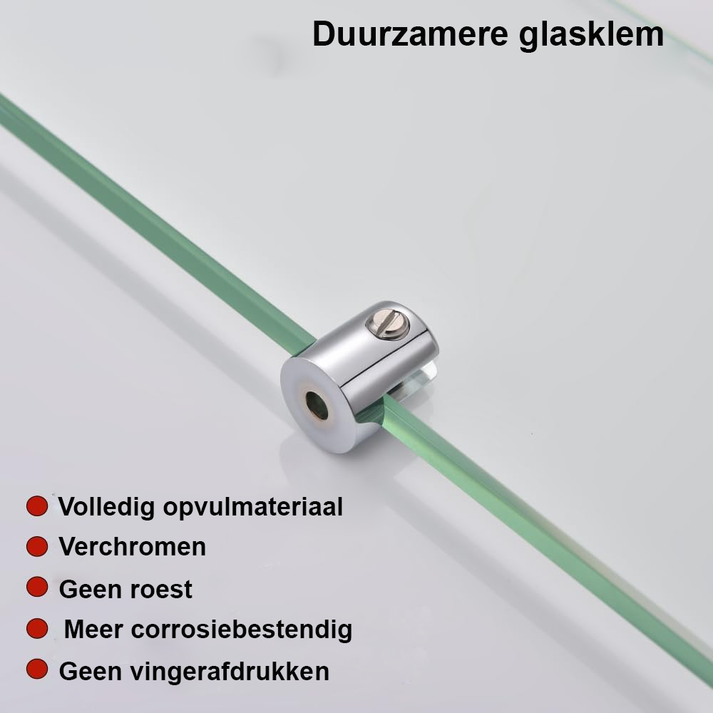 Glazen wandplank 50x12 cm van 8 mm gehard glas met chroom glashouder voor badkamer