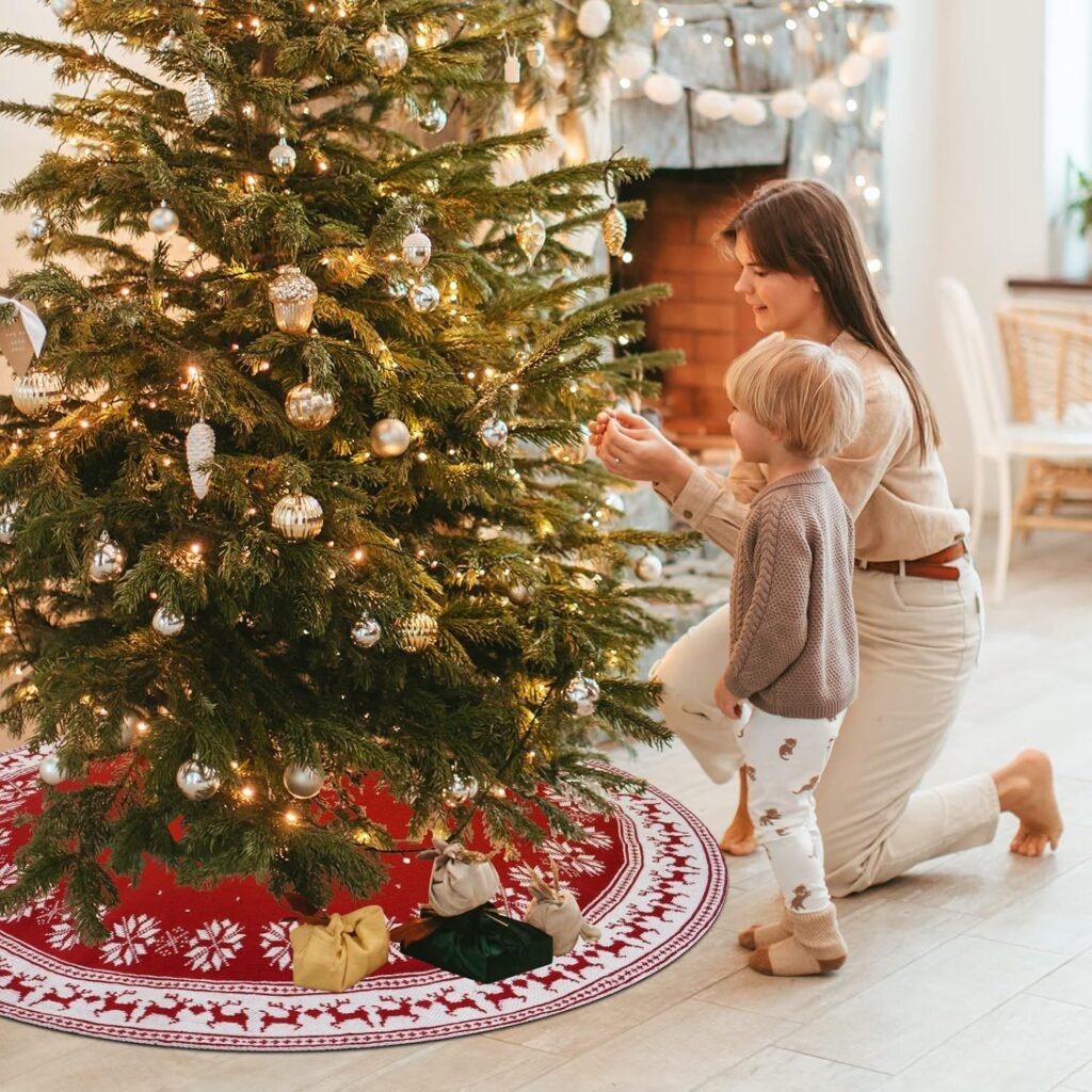 rood gebreid kerstboomkleed 90 cm met sneeuwvlokken en rendieren, rond kerstboomdeken voor kerstboomstand en feestdecoratie