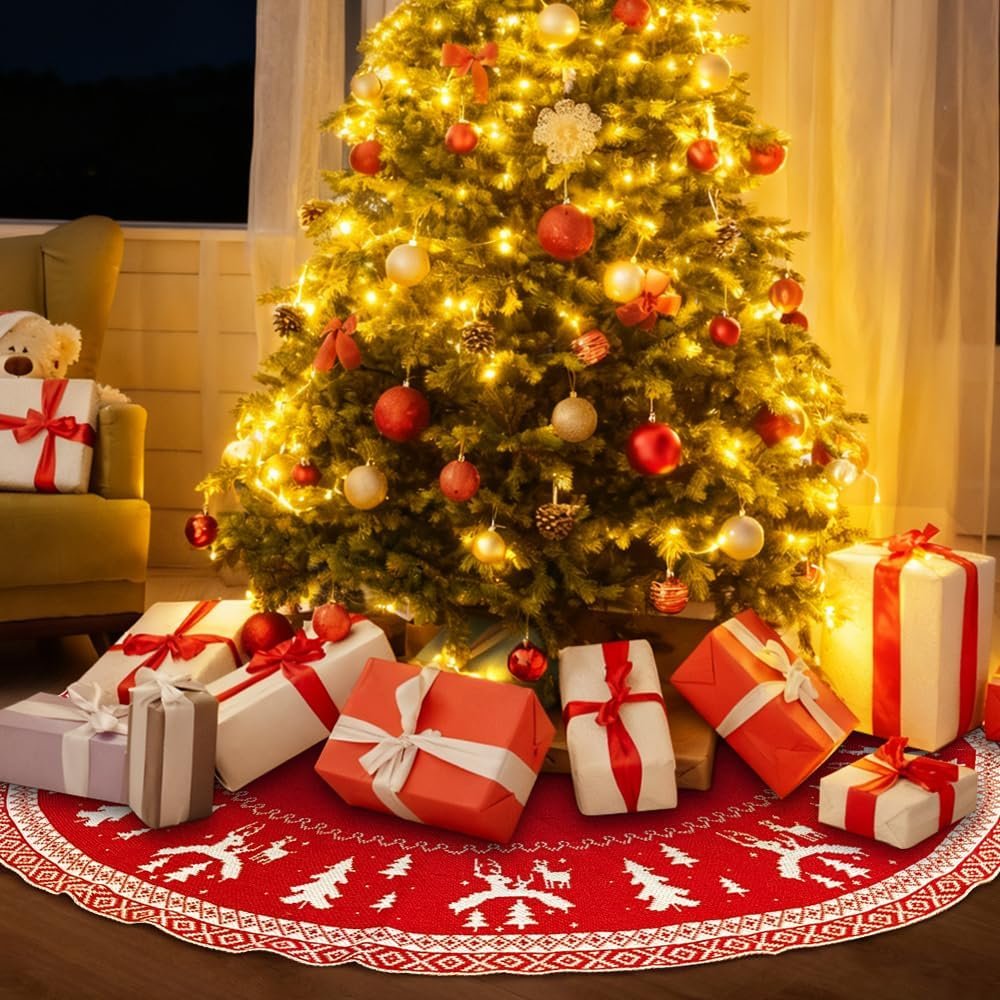 Kerstboomdeken groot 120cm rond geweven kerstboomrok rood kerstboomdecoratie voor feestelijke kerstboom versiering thuis
