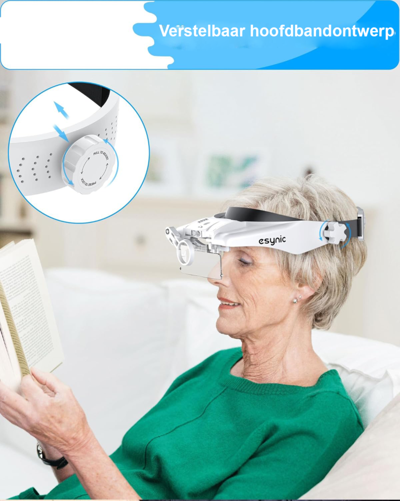 Vergrootglas bril met LED licht en 5 verwisselbare lenzen voor lezen, reparaties en sieradenbewerking met hoofdband en Type-C opladen wit