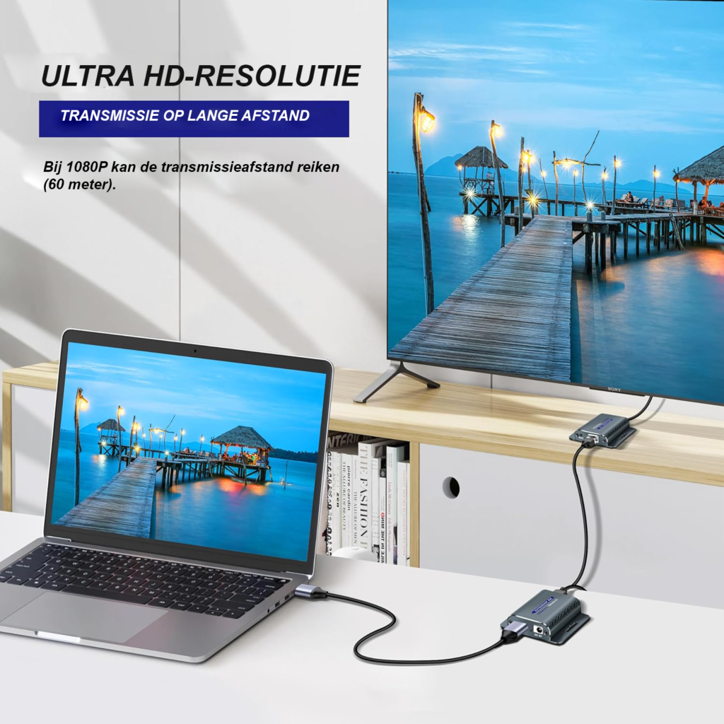 HDMI extender 60m 1080p 60Hz HDMI RJ45 converter via UTP Cat5e/6/7/8 verlenger met 5V adapter en PoC ondersteuning