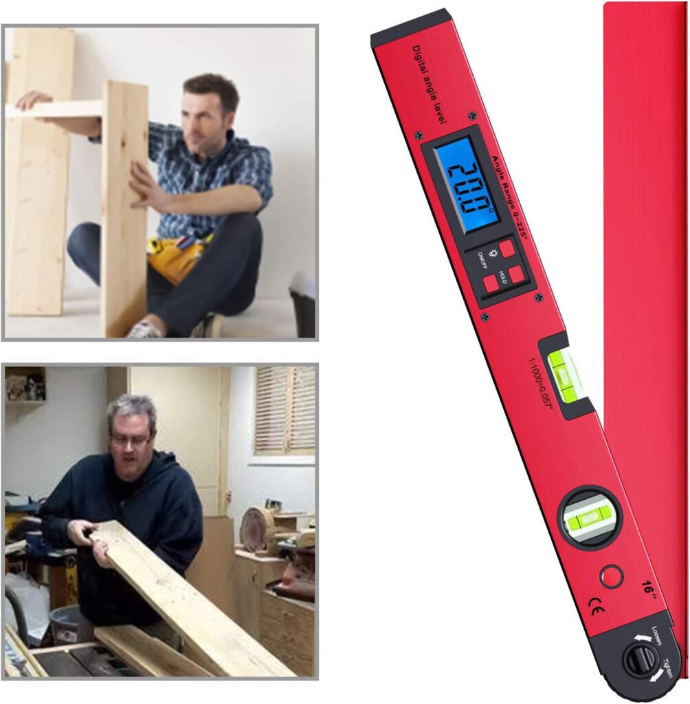 Digitale hoekmeter 0-225 graden met LCD display en waterpas voor nauwkeurig meten van hoeken met opbergtas en verlichting rood