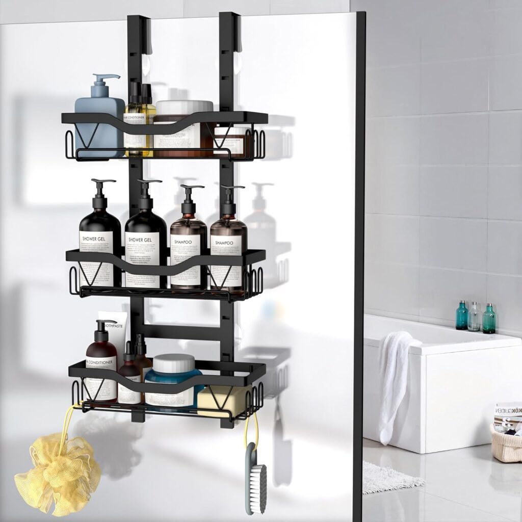 Hangend 3-laags douche rek zwart roestvrij staal zonder boren voor glasdeur badkamer opbergrek shampoo en douchegel opslag