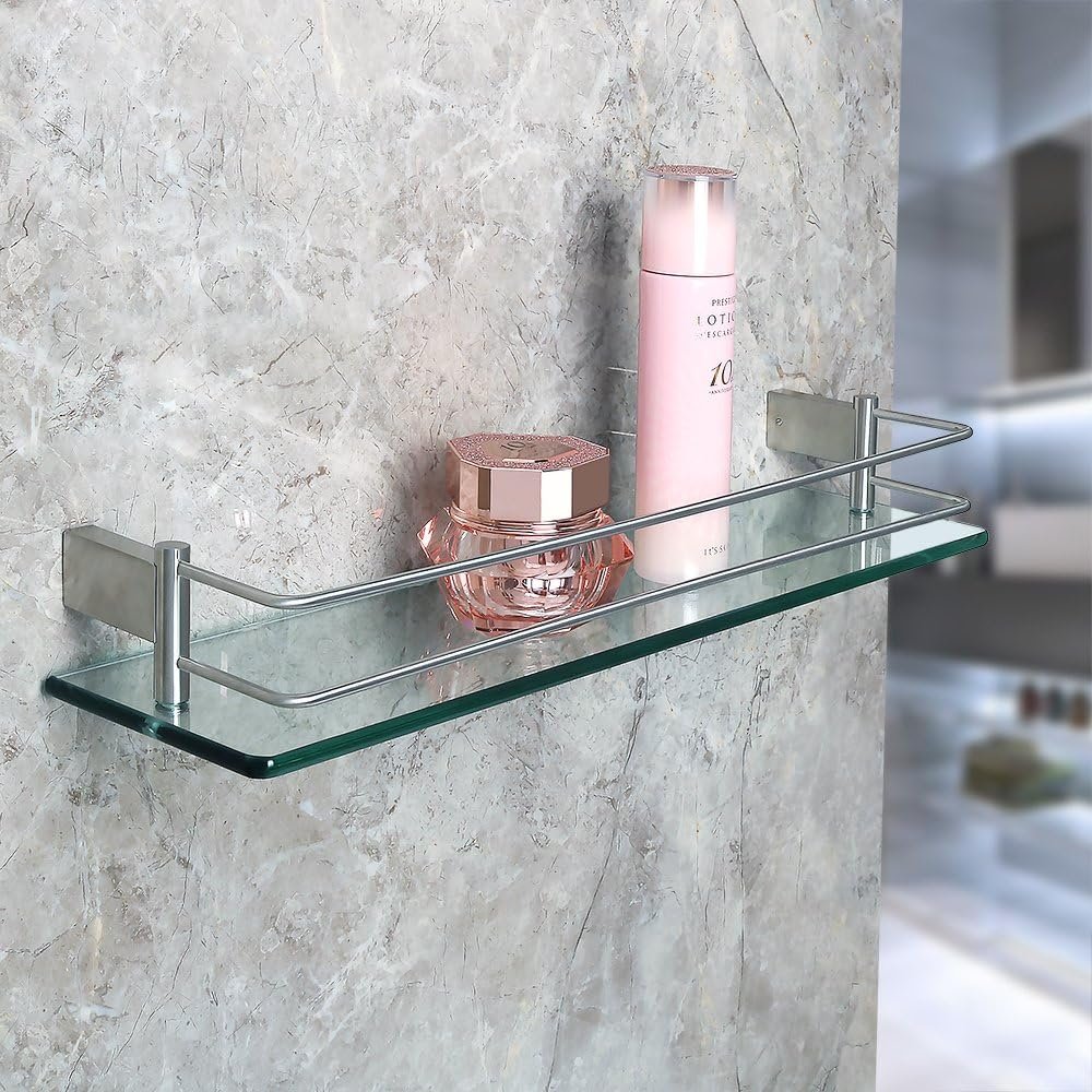 Glazen badkamerplank 50 cm van gehard glas met RVS reling zwevende wandplank 8 mm dik glas