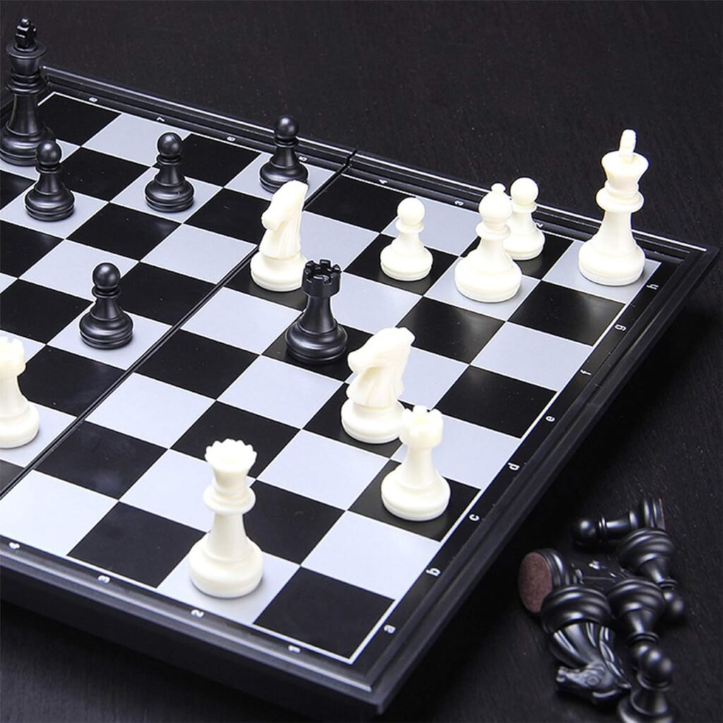 Magnetisch schaakspel opvouwbaar schaakbord zwart wit educatief speelset compact 32x32 cm met opslag voor kinderen en volwassenen