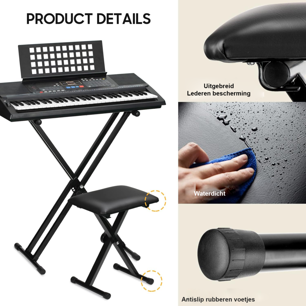Keyboardbank met 3-weg hoogteverstelling, opvouwbare pianokruk met gevoerde zitting en stabiel X-vormig onderstel voor piano en keyboardgebruikers.