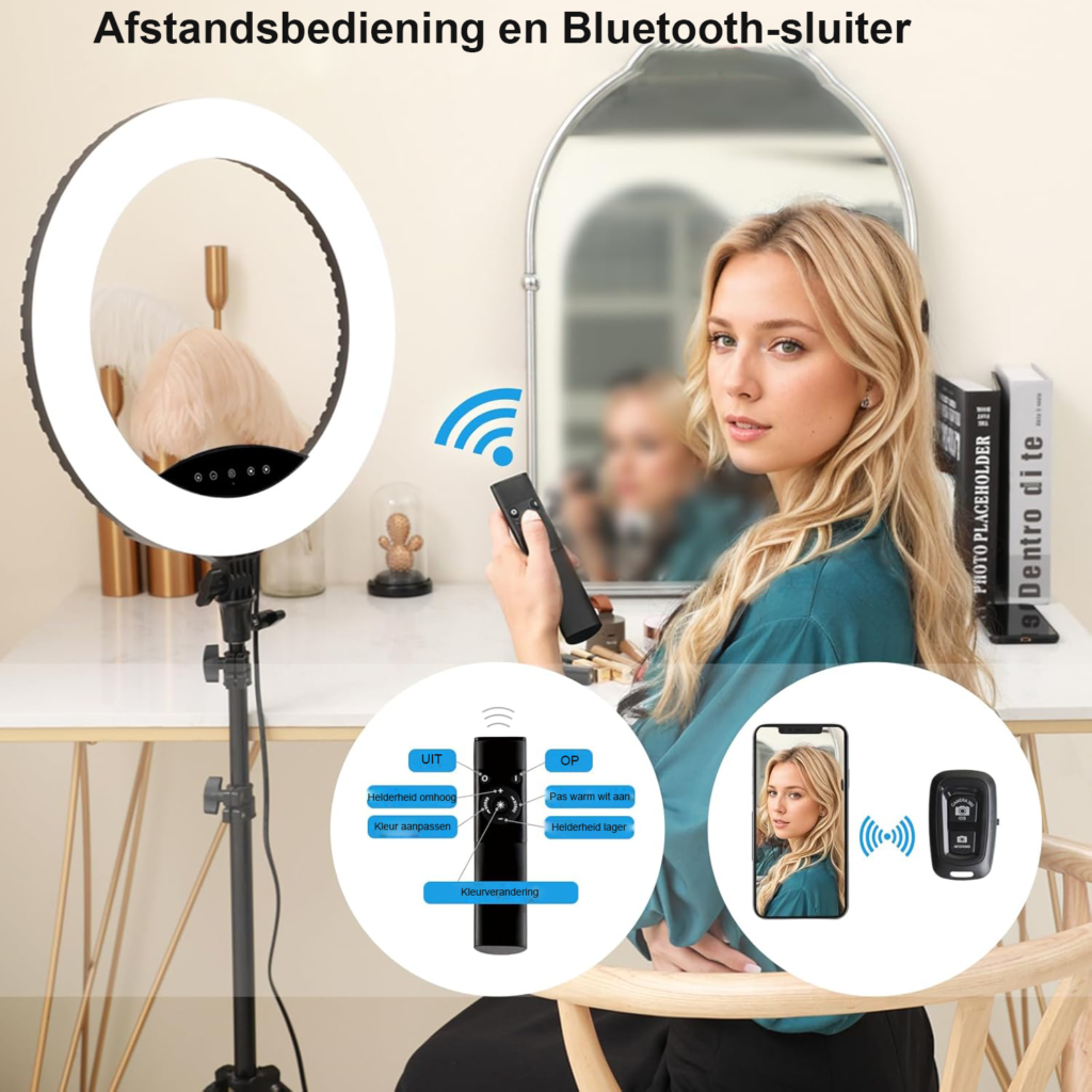 Ringlamp 19 inch LED met statief - Make-up en studio verlichting - YouTube en fotografie - Touch en afstandsbediening CRI 97