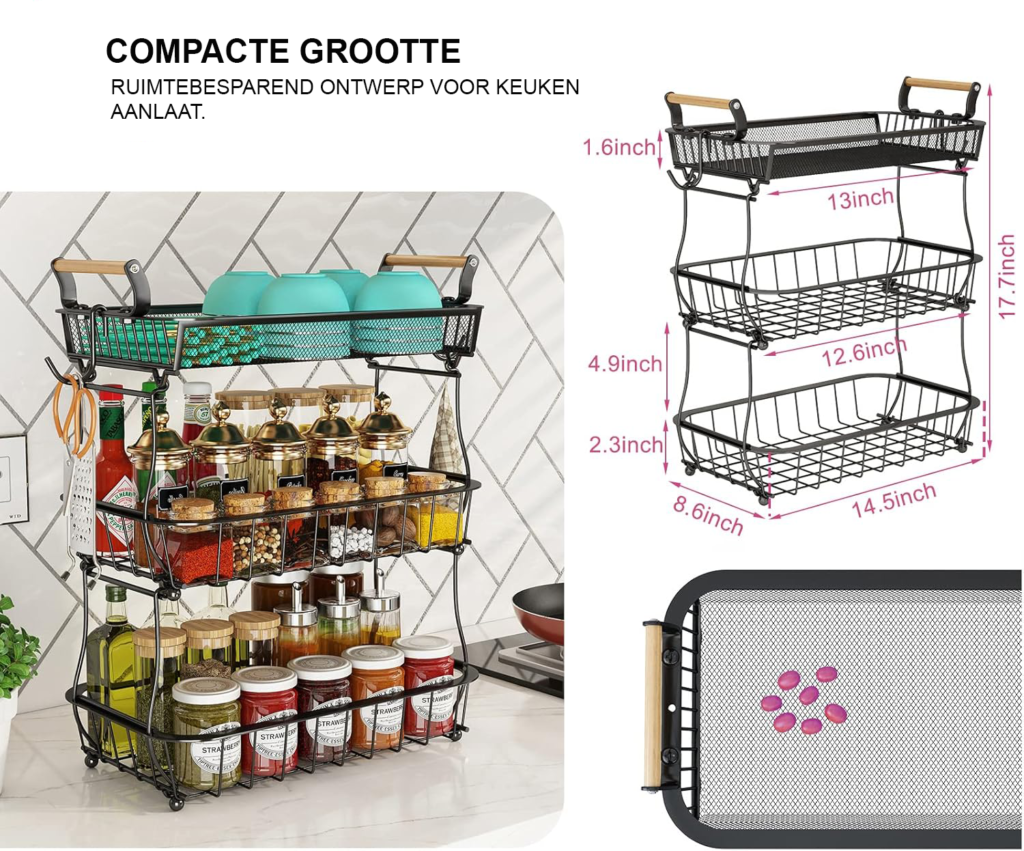 3-laags fruitmand met bananenhouder zwart metalen keukenrek voor fruit groente en snacks
