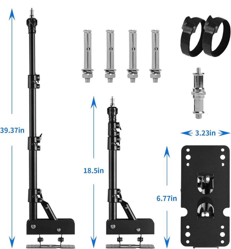 Muurbeugel voor ringlicht en flitslicht met uitschuifbare boomarm en wandmontage voor stabiele studioverlichting en flexibele positionering tijdens fotografie en beautygebruik.