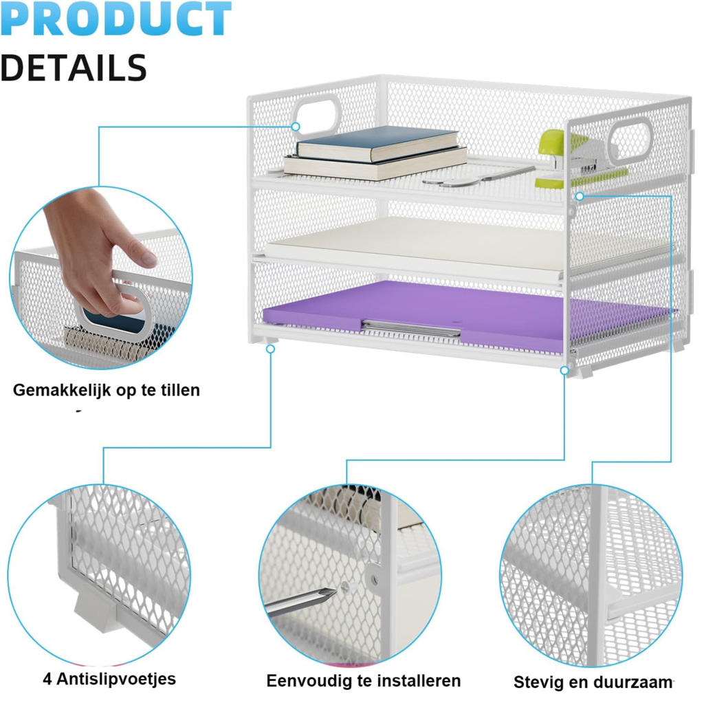 Bureau organizer wit 3 lagen met handvat mesh documentenhouder briefbak voor bureauaccessoires en thuiswerk opslag