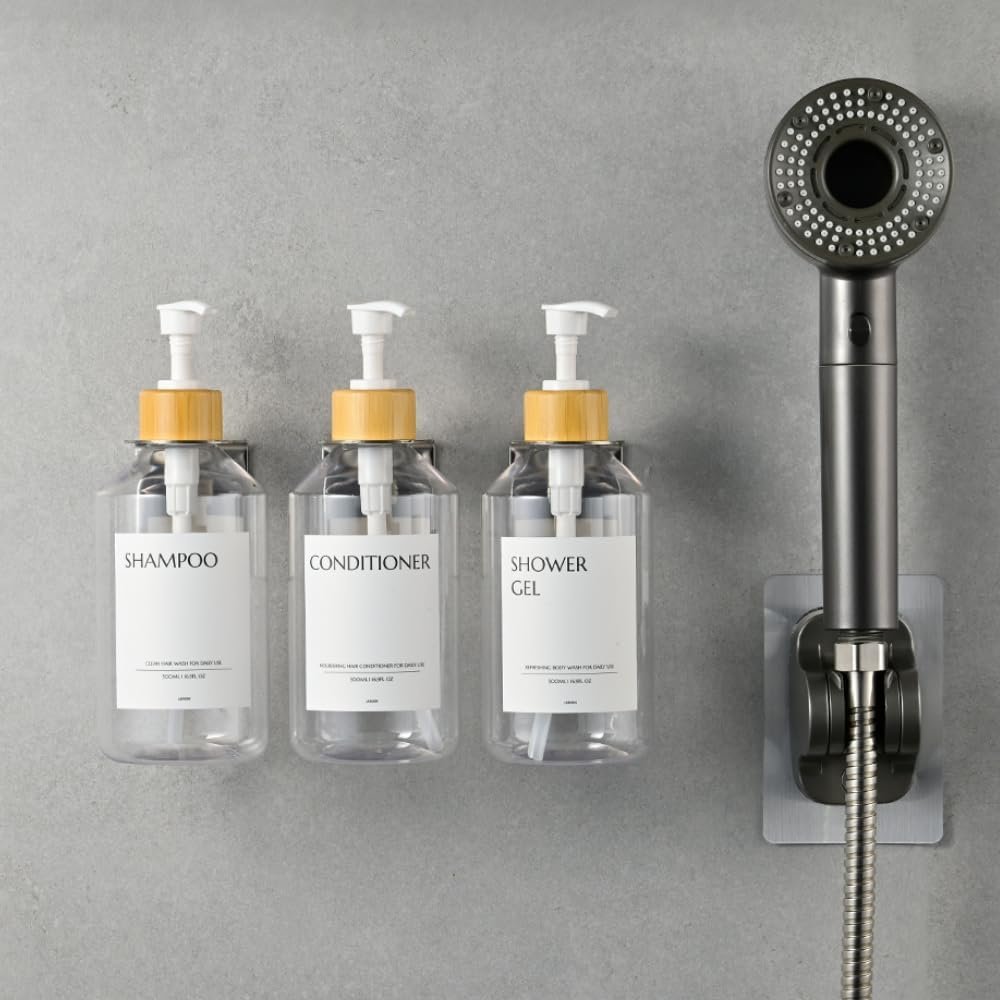 Zeepdispenser set van 3 met wandmontage zonder boren, 500 ml transparante flessen en witte bamboe houders voor keuken en badkamer.