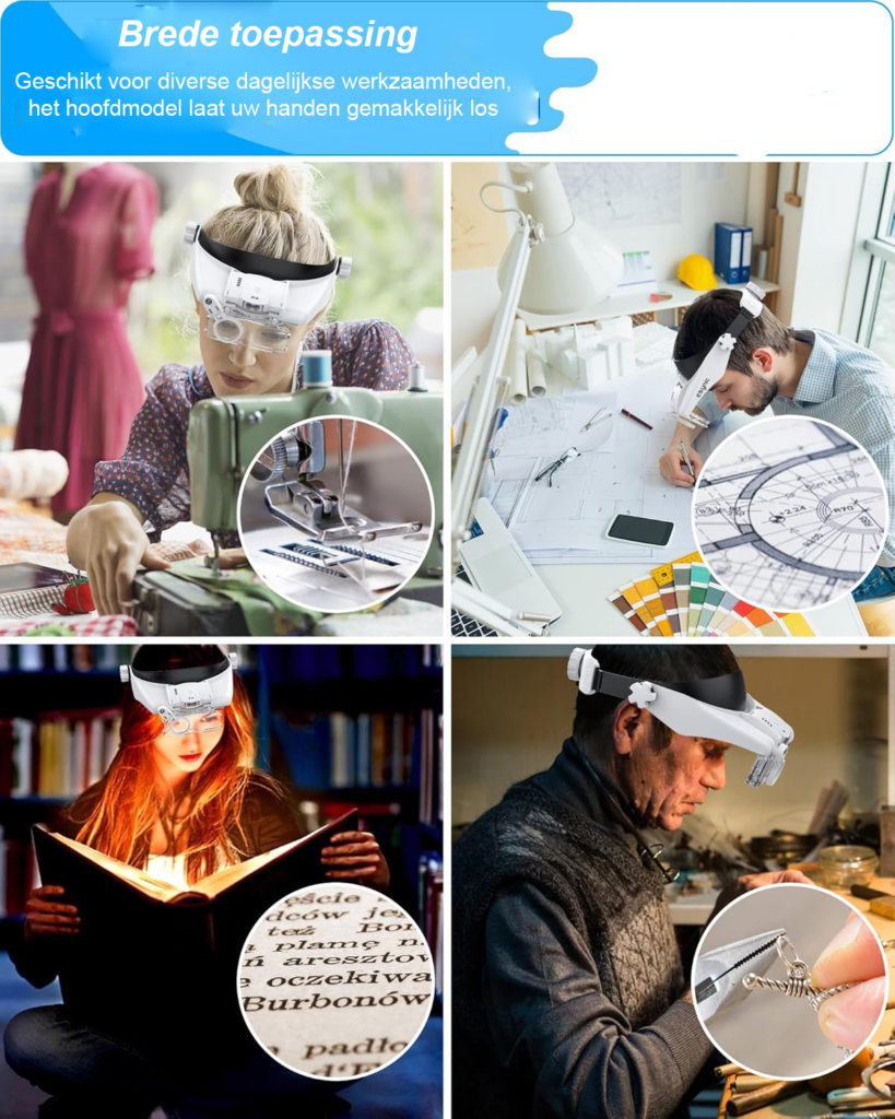 Vergrootglas bril met LED licht en 5 verwisselbare lenzen voor lezen, reparaties en sieradenbewerking met hoofdband en Type-C opladen wit